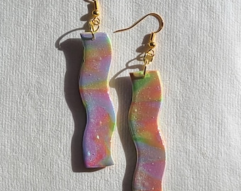 Wavy Abstract Rainbows | Handmade Polymer Clay Dangle and Drop Earrings