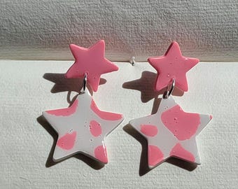 Pink Cow Print Stars | Handmade Polymer Clay Hanging Stud Earrings
