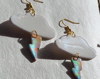 White Clouds and Rainbow Lightning | Handmade Polymer Clay Dangle and Drop Earrings