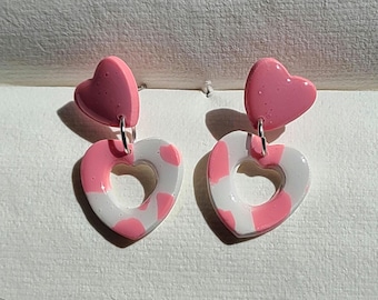 Pink Cow Print Hearts | Handmade Polymer Clay Hanging Stud Earrings