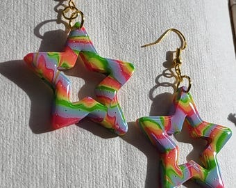 Prismatic Hanging Stars | Handmade Polymer Clay Dangle and Drop Earrings