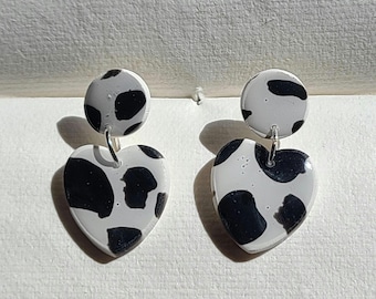 Black Cow Print Hearts and Circles | Handmade Polymer Clay Hanging Stud Earrings