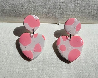 Pink Cow Print Hearts and Circles | Handmade Polymer Clay Hanging Stud Earrings