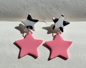 Pink Stars and Black Cow Print | Handmade Polymer Clay Hanging Stud Earrings