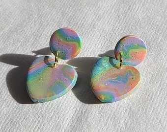 Acidic Rainbow Hearts | Handmade Polymer Clay Hanging Stud Earrings