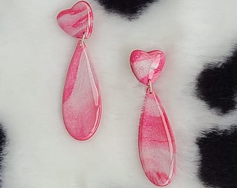 Marbled Hearts and Teardrops | Handmade Polymer Clay Hanging Stud Earrings