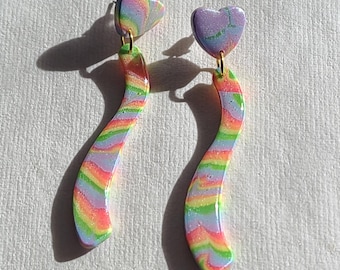 Abstract Rainbows and Hearts | Handmade Polymer Clay Hanging Stud Earrings