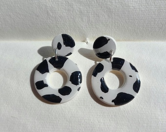 Black Cow Print Circles | Handmade Polymer Clay Hanging Stud Earrings