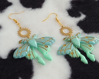 Light Blue and Green Moths | Handmade Polymer Clay Dangle and Drop Earrings