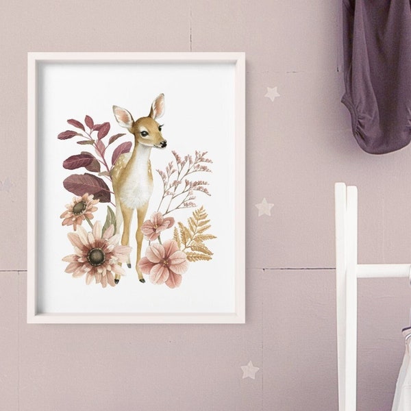 Fawn with Flora Illustration - Woodland Theme Room Art - Doe a Deer & Rudbeckia - Animal Aquarelle Print - Art par Alicia's Infinity