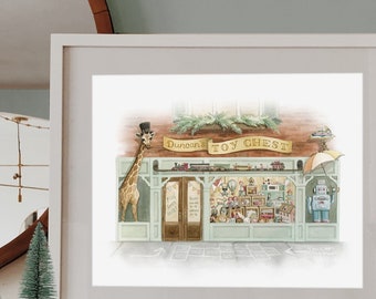 Vintage Toy Store - Duncan's Toy Chest Watercolour Illustration - Holiday Wall Art Print - Kid's Room Decor - Painting by Alicia's Infinity