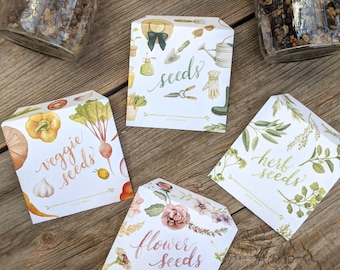 Zaadbesparende enveloppenset van 4 directe digitale download - afdrukbare aquarelkruiden, groenten, bloem, generieke zaadpakketten