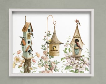 Birdhouses in the Garden Illustration Print - Woodland Watercolour Bird Decor - Botanical Artwork by Alicia's Infinity