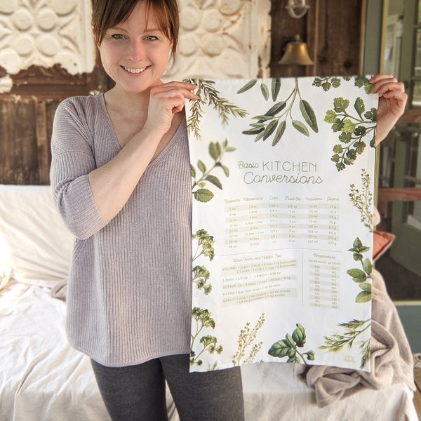 Herbs Kitchen Conversion Tea Towel - Custom printed on linen/cotton - Fresh Green Herb Illustrations by Alicia's Infinity