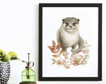 Otter with Peonies and Leaves Watercolour Illustration Print - Otter Painting by Alicia's Infinity