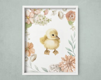 Duckling with pink and peach Florals Painting - Wall Art - Watercolour Print by Alicia's Infinity