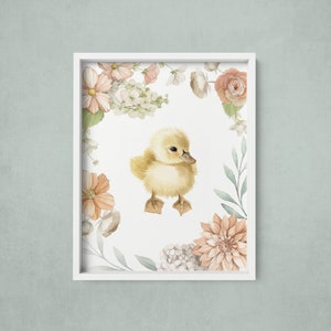 Duckling with pink and peach Florals Painting Wall Art Watercolour Print by Alicia's Infinity image 1