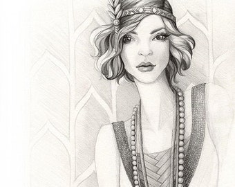 Gatsby Style 1920's Drawing - Art Deco Sketch Print - "Flapper Girl" by Alicia's Infinity