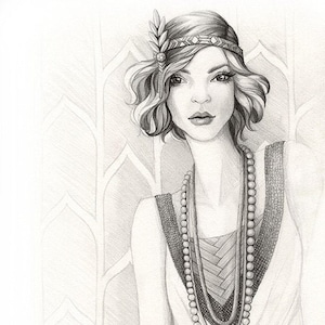Dessin style Gatsby des années 1920 - impression de croquis art déco - « Flapper Girl » par Alicia&#39;s Infinity