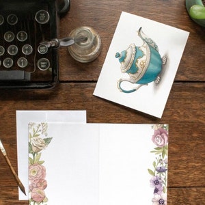 Vintage Teal Teapot Blank Card - Watercolour tea themed card - Artwork by Alicia&#39;s Infinity