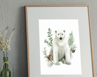 Polar Bear with winter greenery Illustration Print - Animal Print - Art by Alicia's Infinity