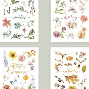 4 Seasons Print Set - Winter, Spring, Summer & Autumn Watercolour Floral Illustration Print Set of 4 - Artwork by Alicia&#39;s Infinity