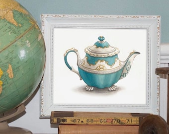 May include: A framed watercolor print of a teal and white teapot with gold accents. The teapot is displayed on a shelf with a vintage globe, books, and wooden spools. The teapot has a detailed design and a decorative lid.