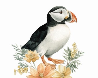 Puffin with Cosmo and mimosa blooms Watercolour Illustration Print - Puffin Painting by Alicia's Infinity