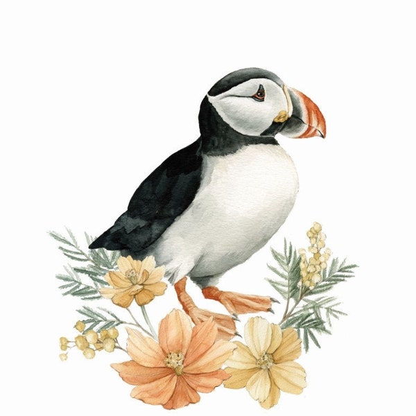 Puffin with Cosmo and mimosa blooms Watercolour Illustration Print - Puffin Painting by Alicia's Infinity