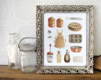 Vintage Baking Items - Copper and Gold - Nostalgic Watercolour Illustration - Kitchen Decor Wall Art - Alicia's Infinity