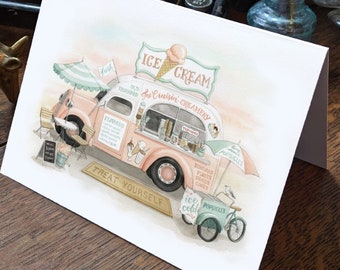 Vintage Ice Cream Truck Blank Notecard - "Small Town Charm" Watercolour illustrated card - Artwork by Alicia's Infinity
