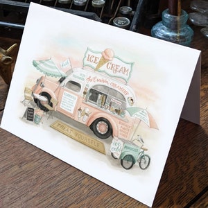 Carte de correspondance vierge vintage camion de crème glacée - Carte illustrée à l'aquarelle « Charme d'une petite ville » - Oeuvre d'art par Alicia's Infinity