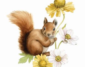 Red Squirrel with flowers watercolour illustration print - Woodland Nursery Art