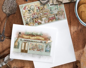 Single Christmas Card - Duncan's Toy Chest - Toy Store Illustration - Watercolour Art by Alicia's Infinity