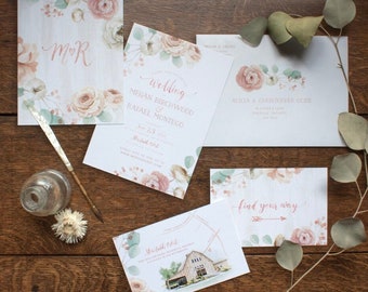 Rustic Whitewashed Barnboard with Florals Wedding Invitations and Stationery - SAMPLE - Artwork by Alicia's Infinity