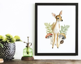 Fawn with Forest Flora Illustration - Woodland Theme Room Art - Deer with mushrooms and ferns watercolour print - Art by Alicia's Infinity