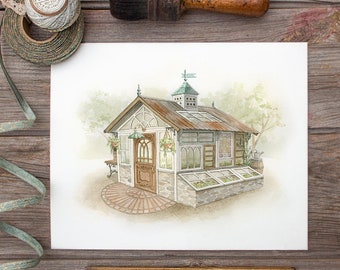 Dream Vintage Potting Shed Greenhouse Illustration - Gardening Themed Watercolour Art Print - Art by Alicia's Infinity