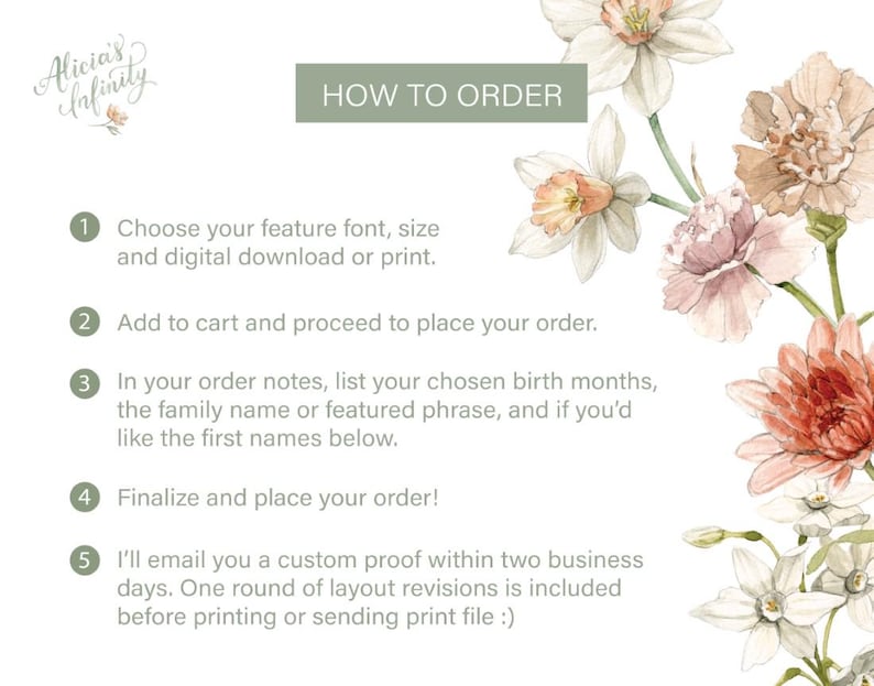 May include: How to order a custom floral print with birth months, family name, or a featured phrase. The design includes a watercolor floral illustration with white, pink, and red flowers. The text includes instructions for ordering and customizing the print.