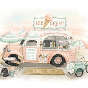 "Vintage Eiswagen Aquarell Druck - ""The Cruisin' Creamery"" - Kunst von Alicia's Infinity."