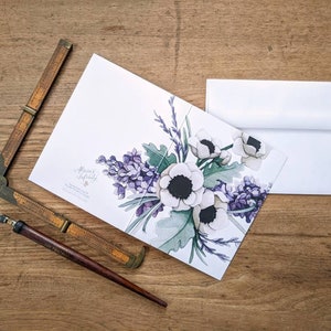 Carte florale lilas, lavande et pavot avec feuilles vert menthe - Papeterie botanique - Oeuvre d'art aquarelle par Alicia's Infinity