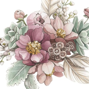 Mauve Peony and Mint Succulent Botanical Print - Purple Floral Artwork Painting by Alicia's Infinity
