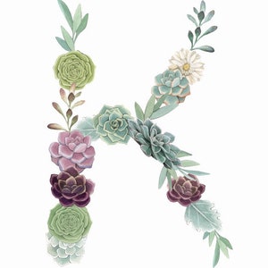 Puede incluir: Ilustración de acuarela de la letra K hecha de suculentas y flores. La letra está formada por flores y hojas verdes, moradas y blancas.
