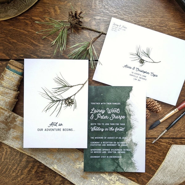 Pine Tree Branch Forest Wedding - Watercolour Invitations - SAMPLE - Forest Wedding Invitation - Art by Alicia's Infinity