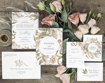 Dried Floral Wreath Earthy Wedding Invitations & Stationery - SAMPLE - Watercolour Art and Design by Alicia's Infinity