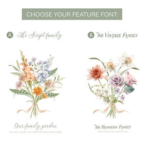 May include: Two watercolor floral bouquets with a choice of font styles for a family name and names of family members. The Script family font is shown with the text "Our family garden" and the names "Rose, James, Christopher, Olivia, Stephen, Hayden, Riley, Grayson, Breleigh & Everleigh". The Vintage Family font is shown with the text "THE HANNIGAN FAMILY" and the names "Mark, Samantha, Sydney, Daniel & Matthew".
