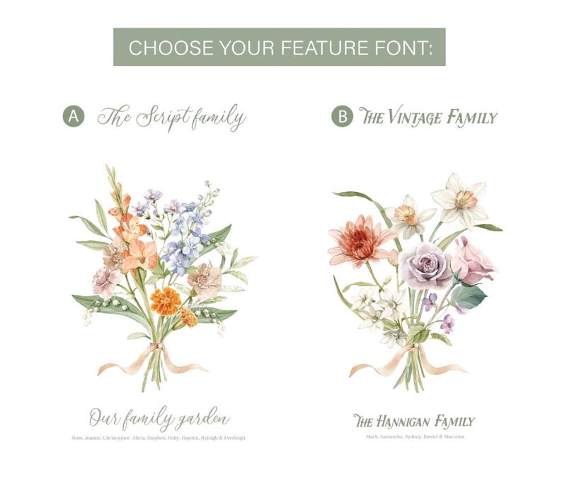 May include: Two watercolor floral bouquets with a choice of font styles for a family name and names of family members. The Script family font is shown with the text "Our family garden" and the names "Rose, James, Christopher, Olivia, Stephen, Hayden, Riley, Grayson, Breleigh & Everleigh". The Vintage Family font is shown with the text "THE HANNIGAN FAMILY" and the names "Mark, Samantha, Sydney, Daniel & Matthew".