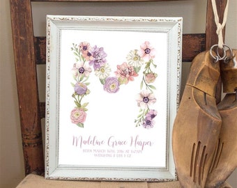 PERSONALIZED Floral Monogram and/or Birth Announcement Print - Flower Nursery Decor or Monogram Home Decor - by Alicia's Infinity