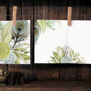 Carte pour toutes les occasions avec plumes de paon et feuilles - Carte de correspondance vierge - Papeterie aquarelle « Leafburst » - Oeuvre d'art par Alicia's Infinity