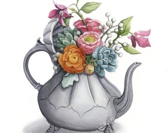 Antique Pewter Teapot Illustration (Art Print) - "Pewter Teapot" by Alicia's Infinity