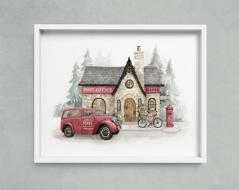 Post Office Watercolour Building Illustration Print - Holiday Wall Art Print -  Watercolour Print - Art by Alicia's Infinity